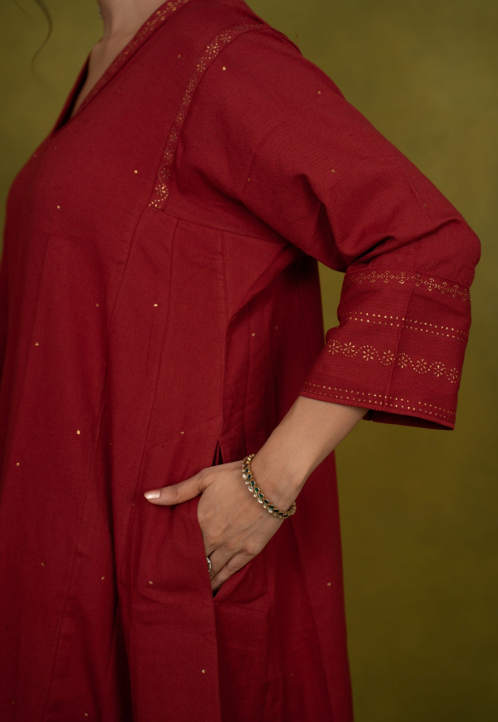 Iqra Red Rogan Handblock Printed Slub Cotton Jhabbha Kali Suit Set (Set of 3)