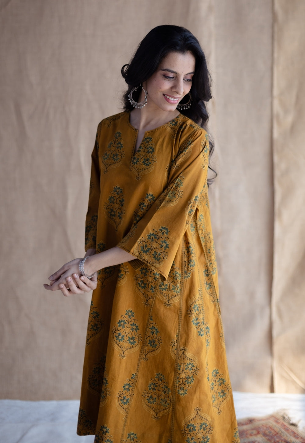 Trisha Mustard Ajrakh Cotton Jhabbha Kali Suit Set (Set of 3)
