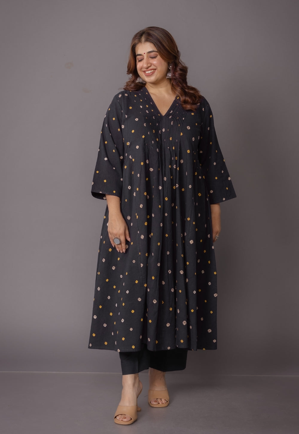 Urvi Black Bandhani Cotton A Line Kurta