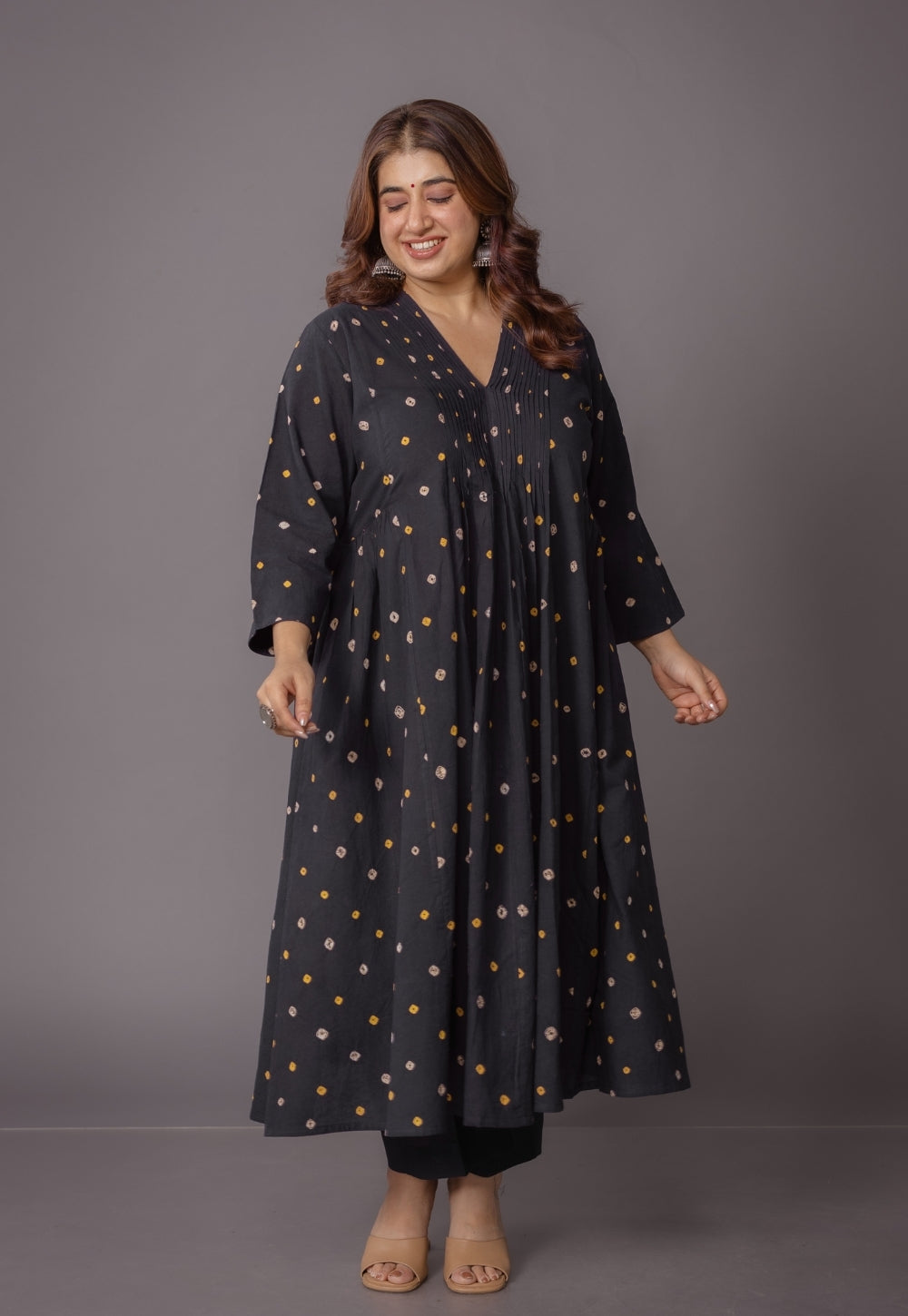 Urvi Black Bandhani Cotton A Line Kurta with Dupatta