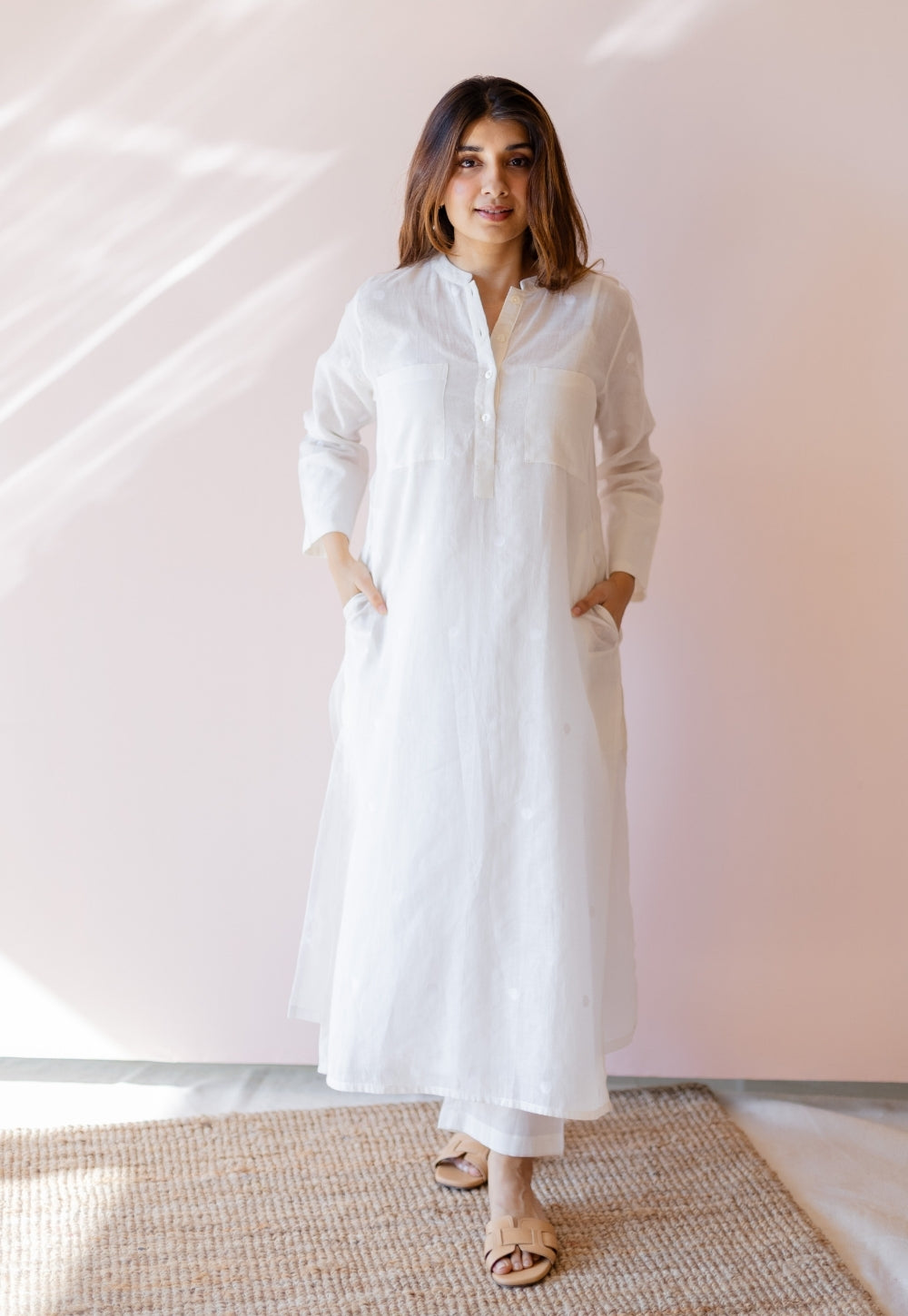 Shreeja White Jamdani Handloom Cotton A Line Kurta