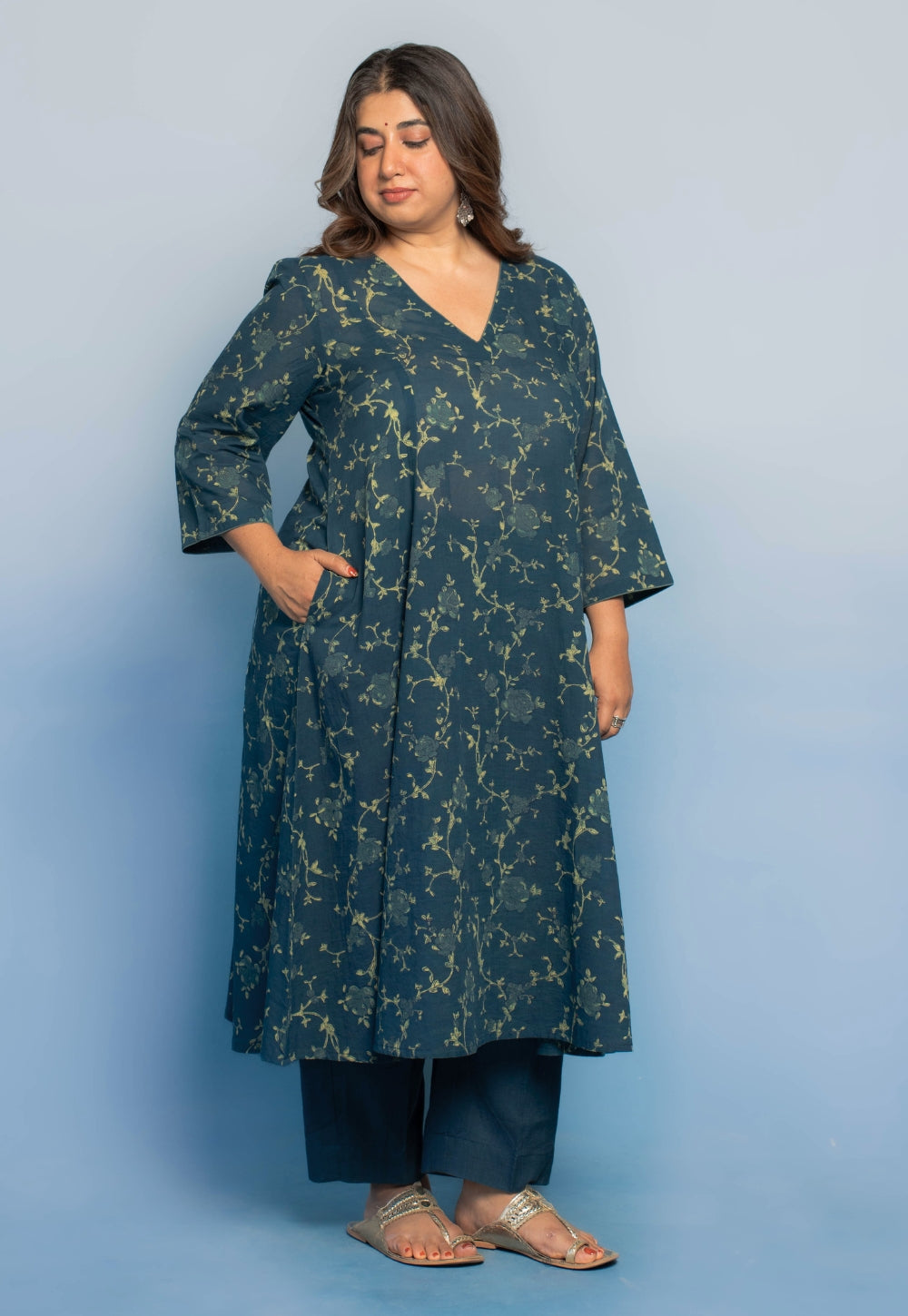 Smriti Teal Blue Dabu Mul Cotton Kali Kurta