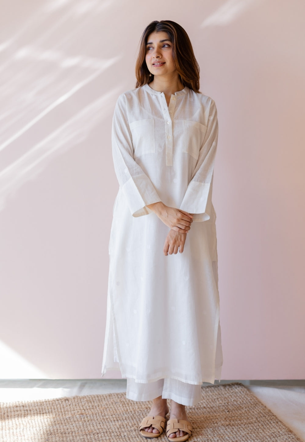 Shreeja White Jamdani Handloom Cotton A Line Kurta