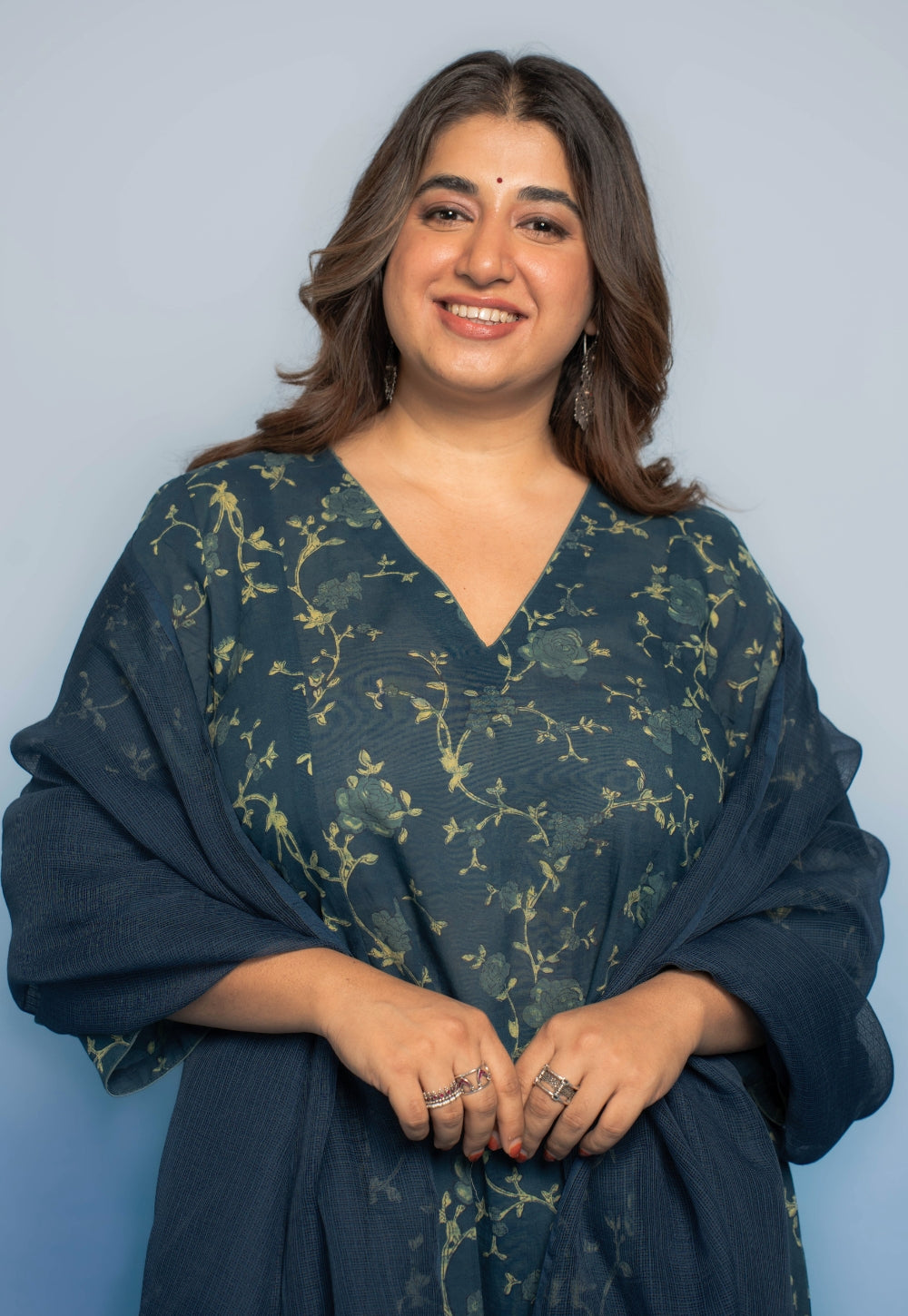 Smriti Teal Blue Dabu Mul Cotton Kali Kurta