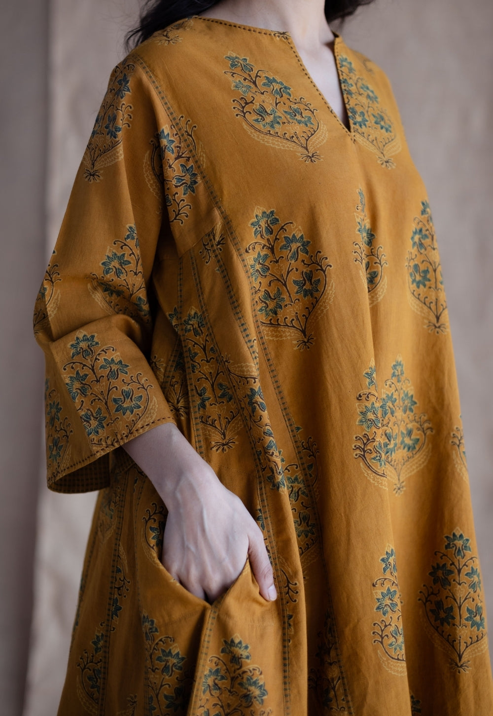 Trisha Mustard Ajrakh Cotton Jhabbha Kali Suit Set (Set of 3)