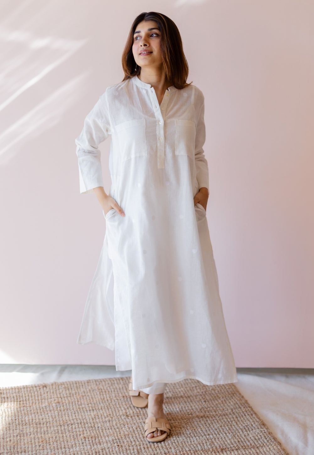 Shreeja White Jamdani Handloom Cotton A Line Kurta
