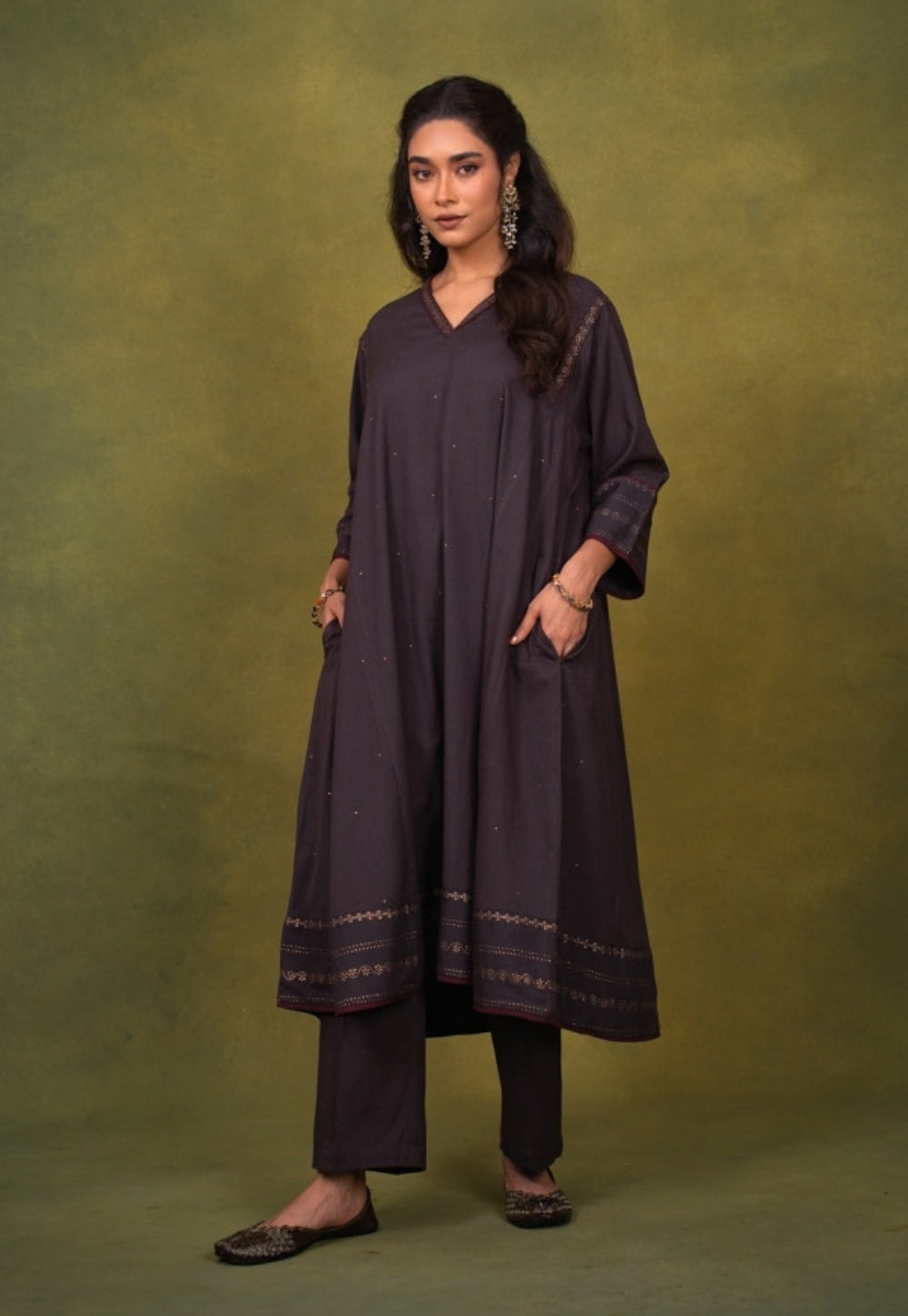 Zohra Aubergine Rogan Handblock Printed Cotton Jhabbha Kali Kurta Suit Set (Set of 3)