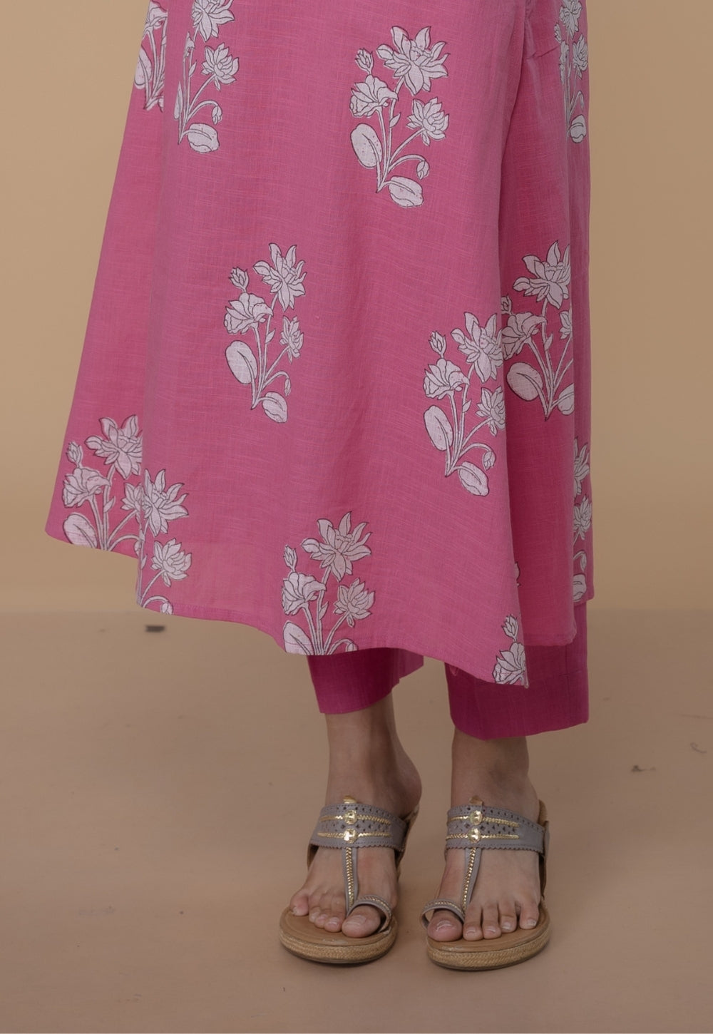 Eshika Pink Dabu Slub Cotton A Line Kurta Set (Set of 2)