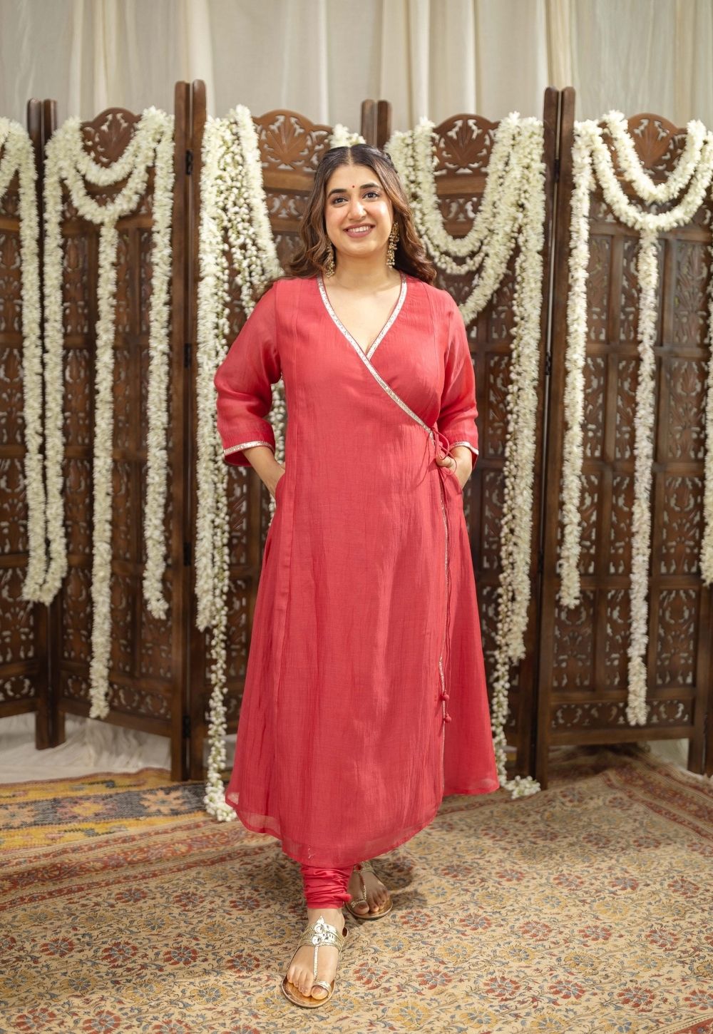 Ketika Crimson Angrakha Chanderi Silk Gota Patti Kurta Set (Set of 3)