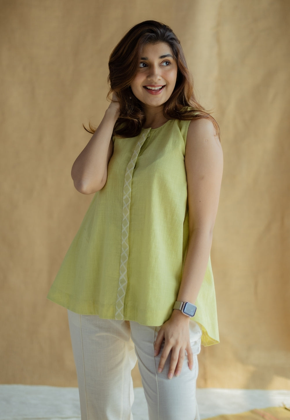 Lina Light Green Solid Slub Cotton A Line Short Top with Hand Embroidery