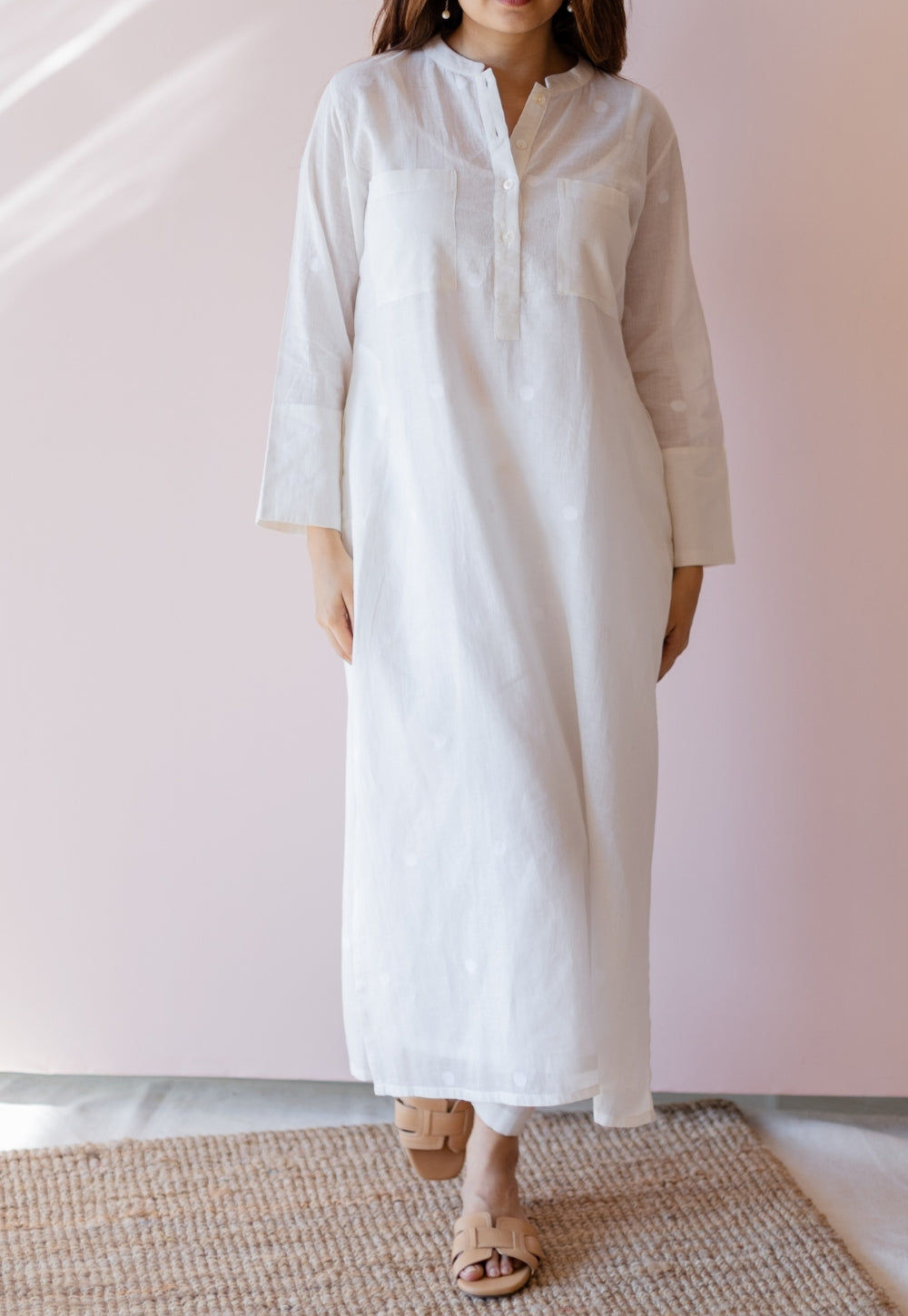 Shreeja White Jamdani Handloom Cotton A Line Kurta