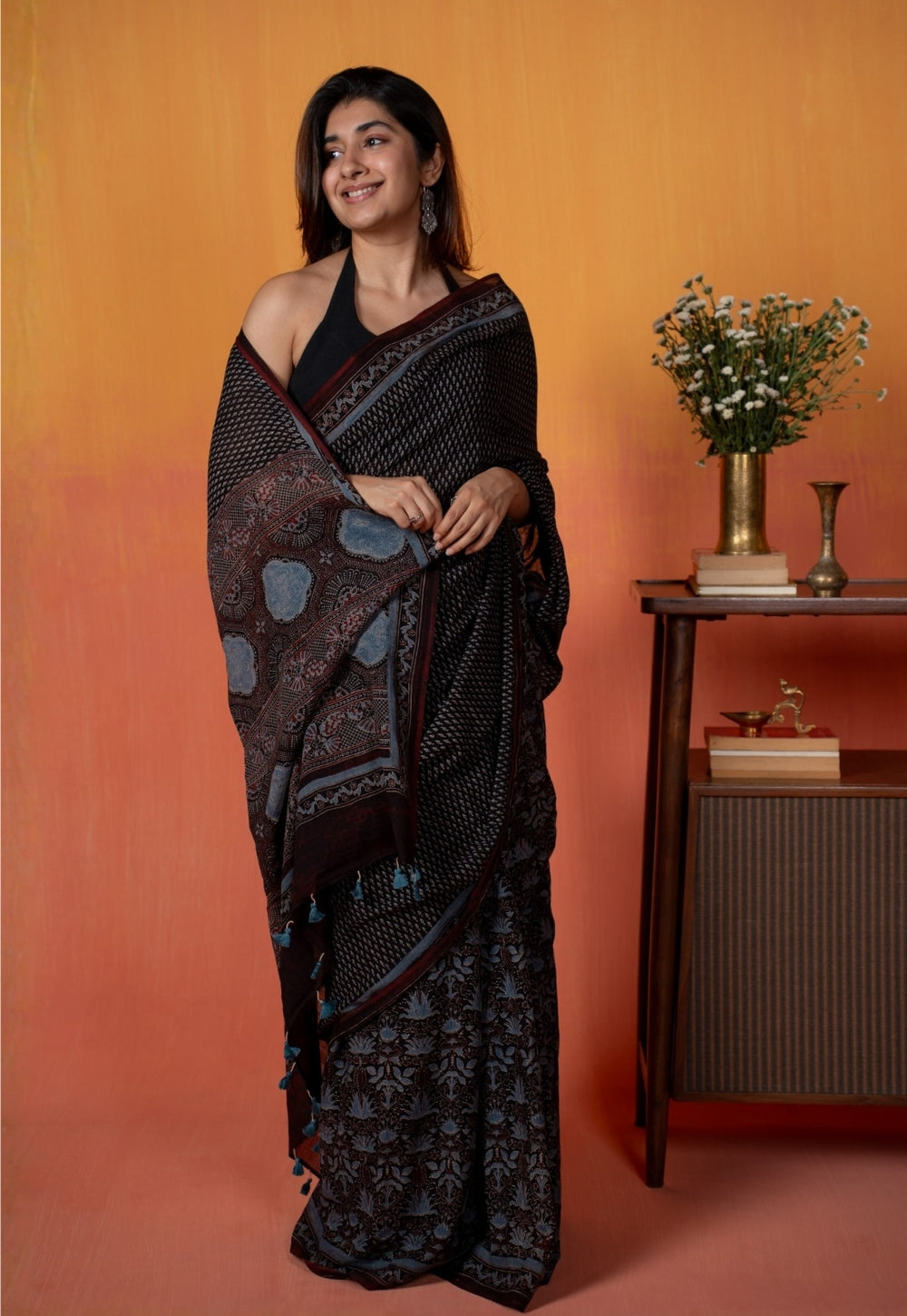 Black Mug Butti Ajrakh Hand Block Print Mul Saree