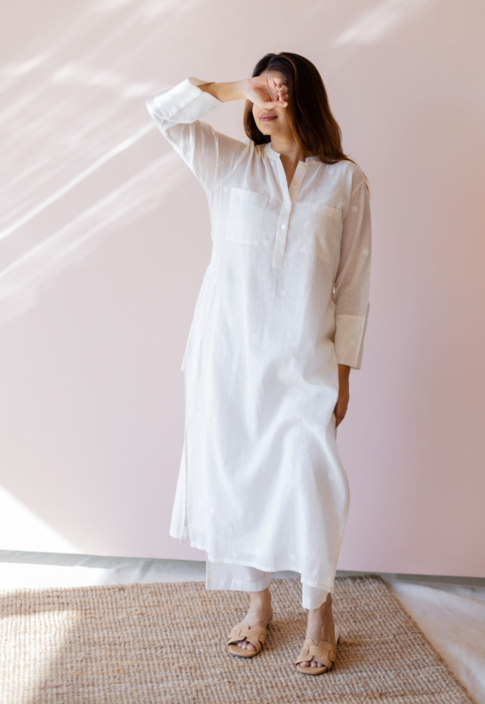Shreeja White Jamdani Handloom Cotton A Line Kurta