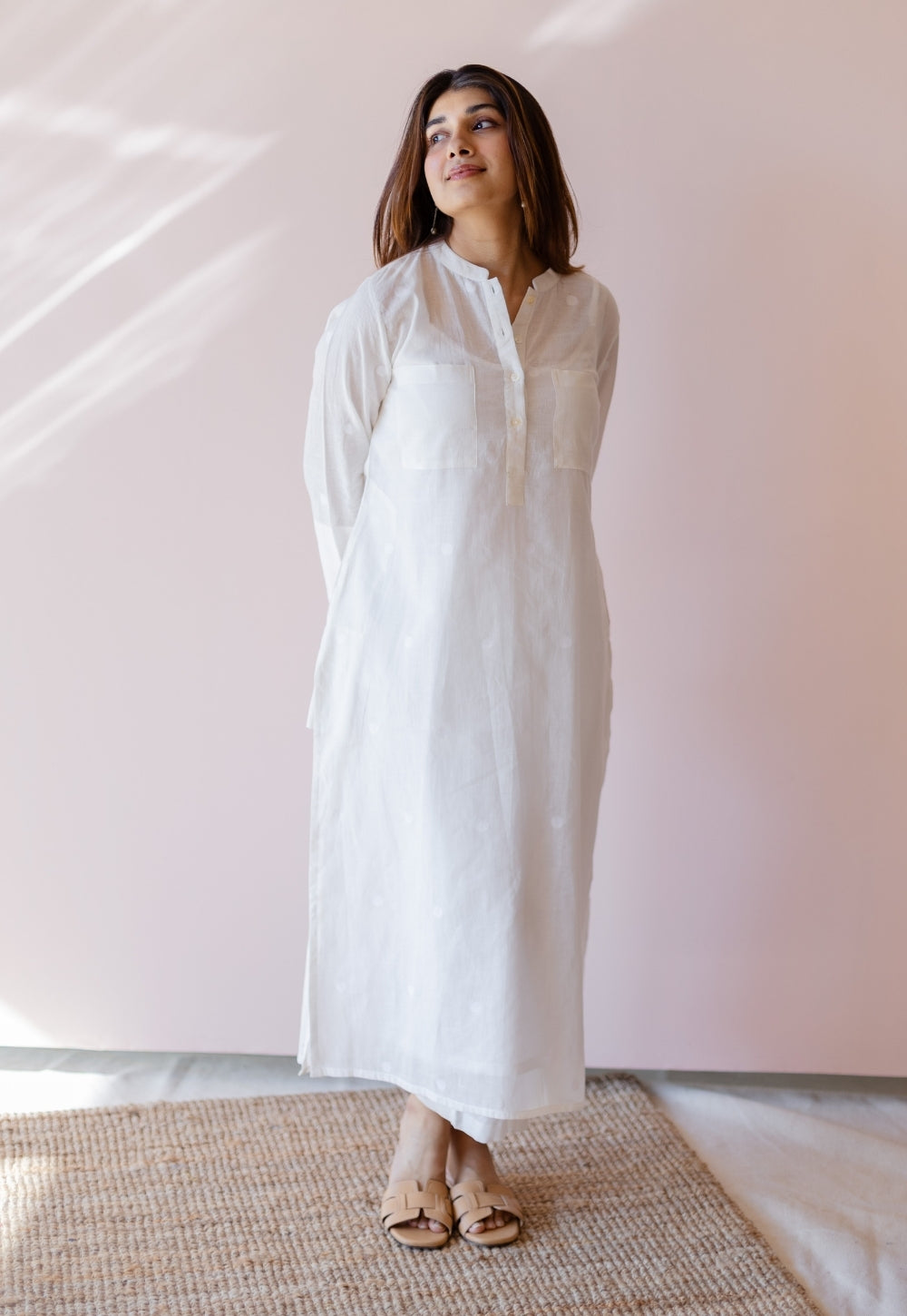 Shreeja White Jamdani Handloom Cotton A Line Kurta