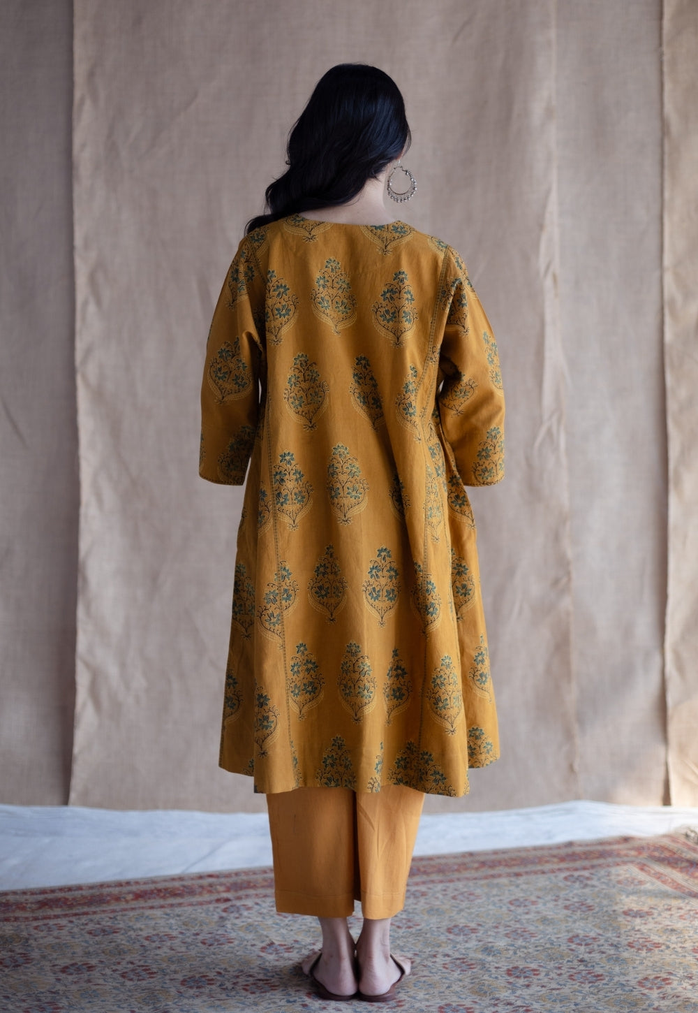 Trisha Mustard Ajrakh Cotton Jhabbha Kali Suit Set (Set of 3)