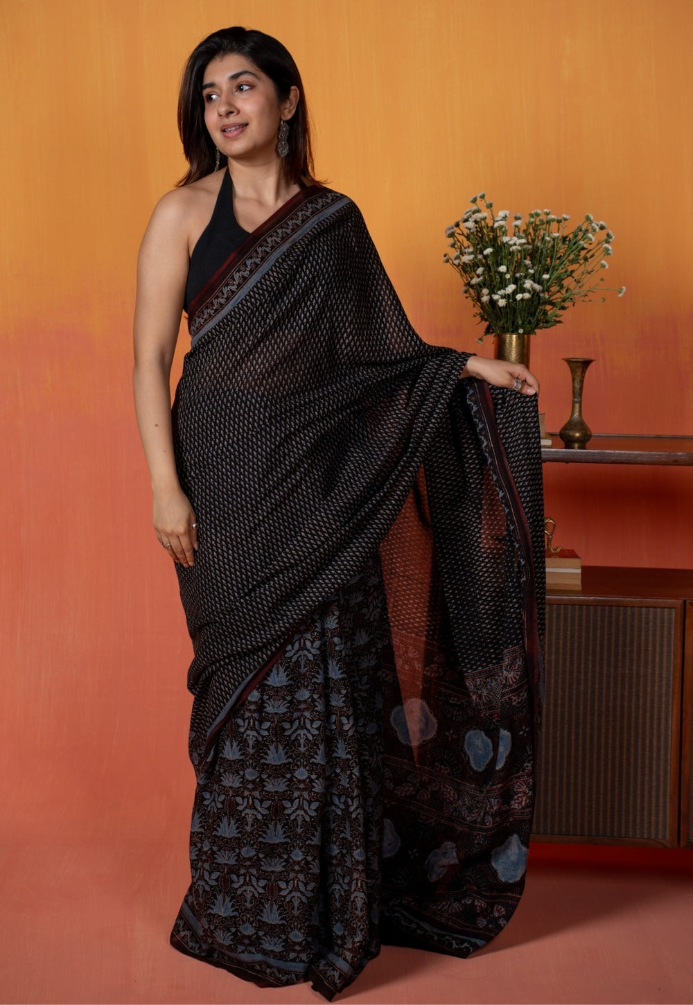 Black Mug Butti Ajrakh Hand Block Print Mul Saree