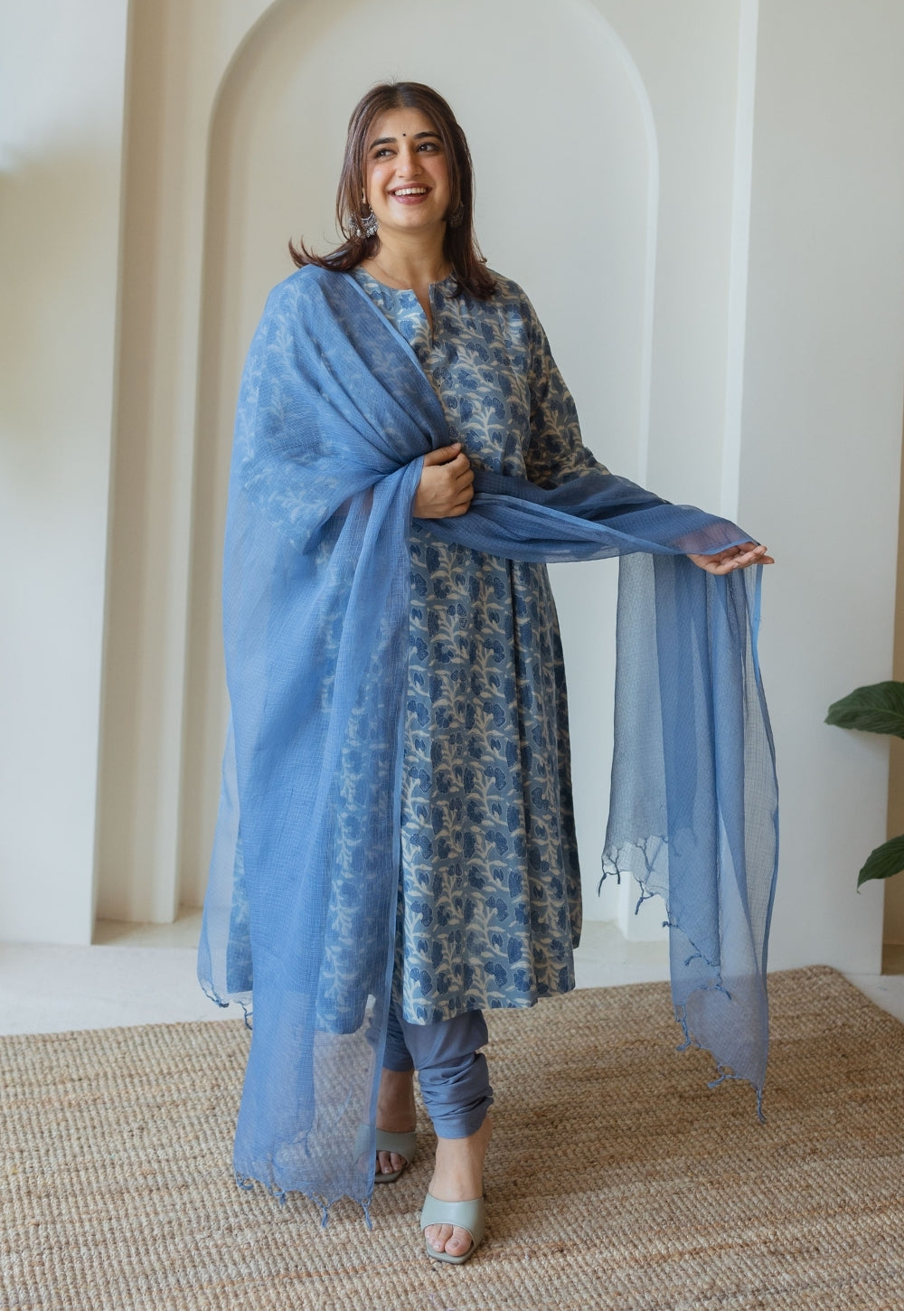 Blue Solid Kota Doria Cotton Dupatta