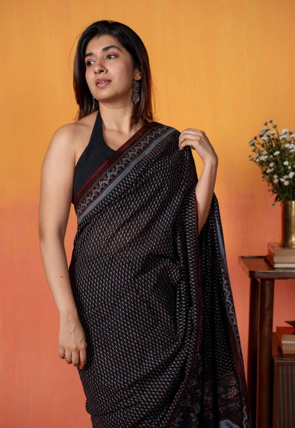 Black Mug Butti Ajrakh Hand Block Print Mul Saree