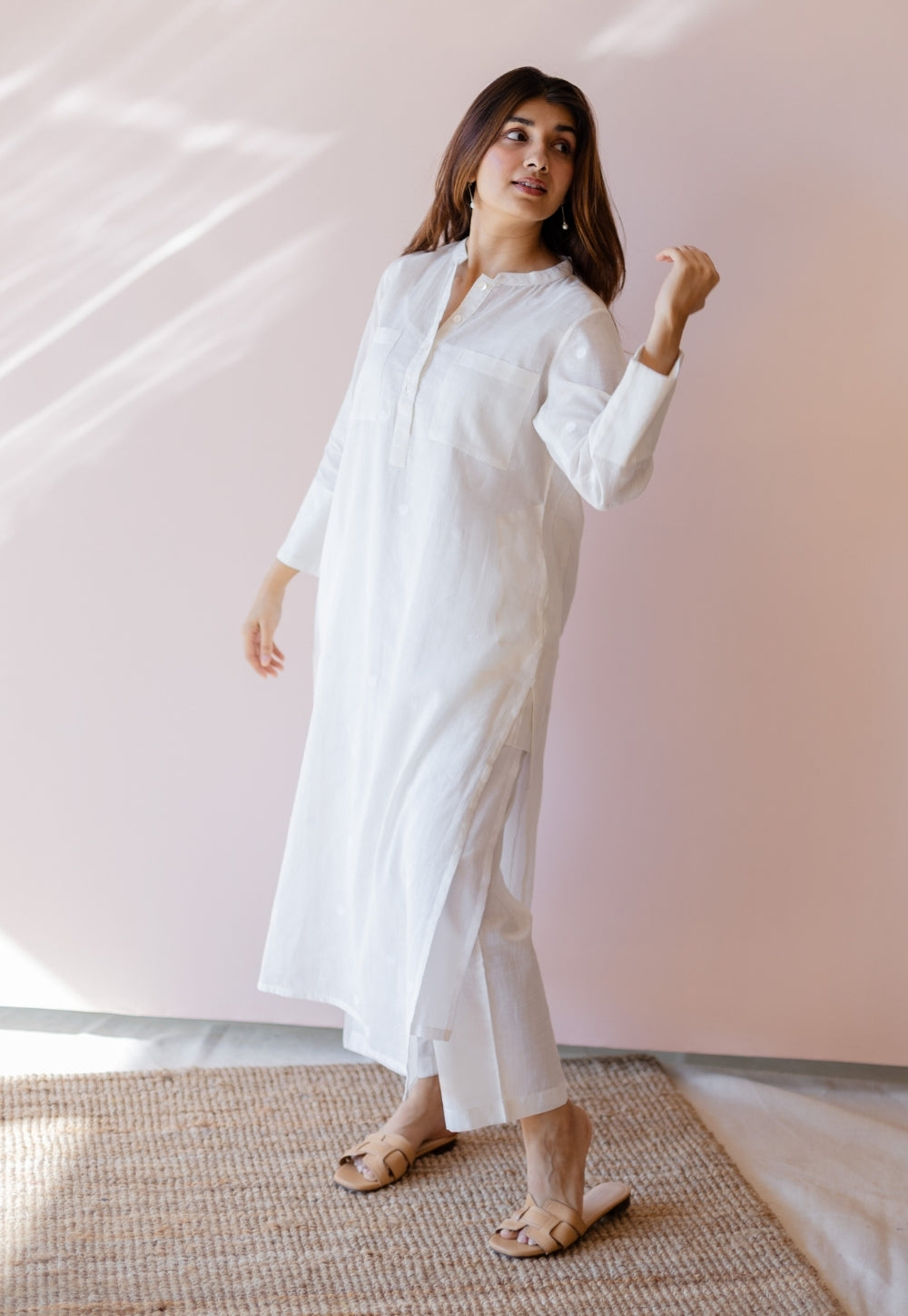 Shreeja White Jamdani Handloom Cotton A Line Kurta