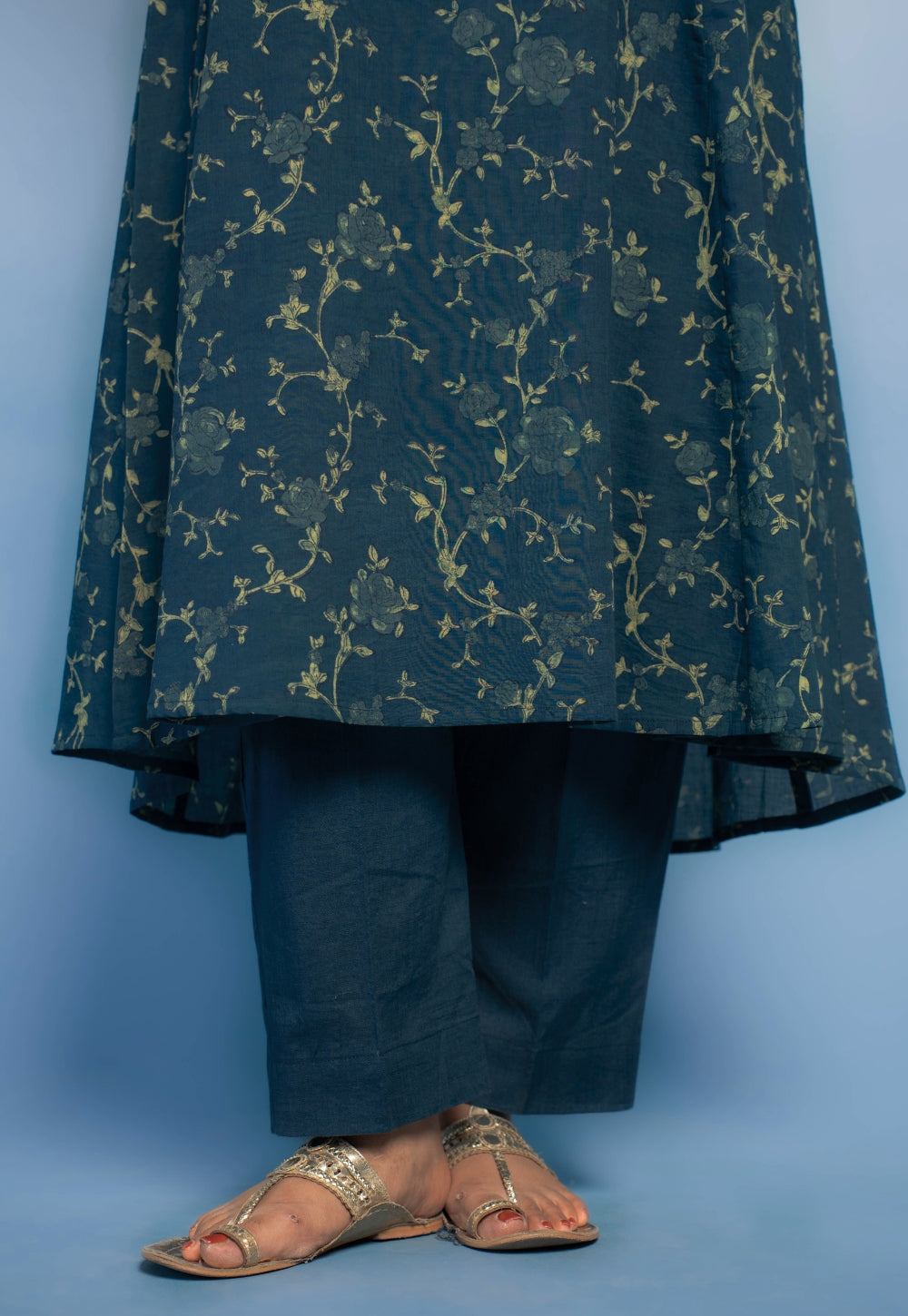 Smriti Teal Blue Dabu Mul Cotton Kali Kurta