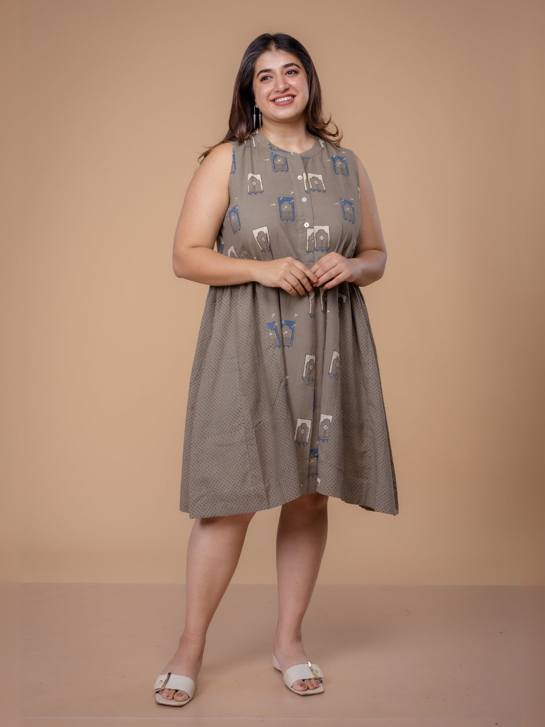 Fariyah Grey Ajrakh Cotton A Line Dress