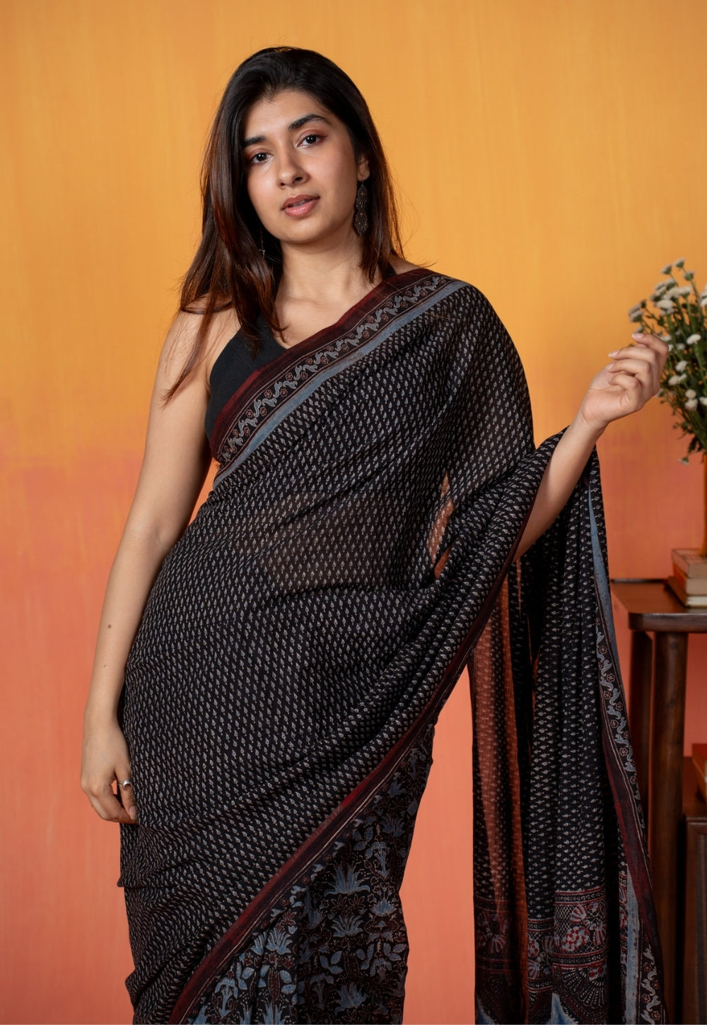Black Mug Butti Ajrakh Hand Block Print Mul Saree