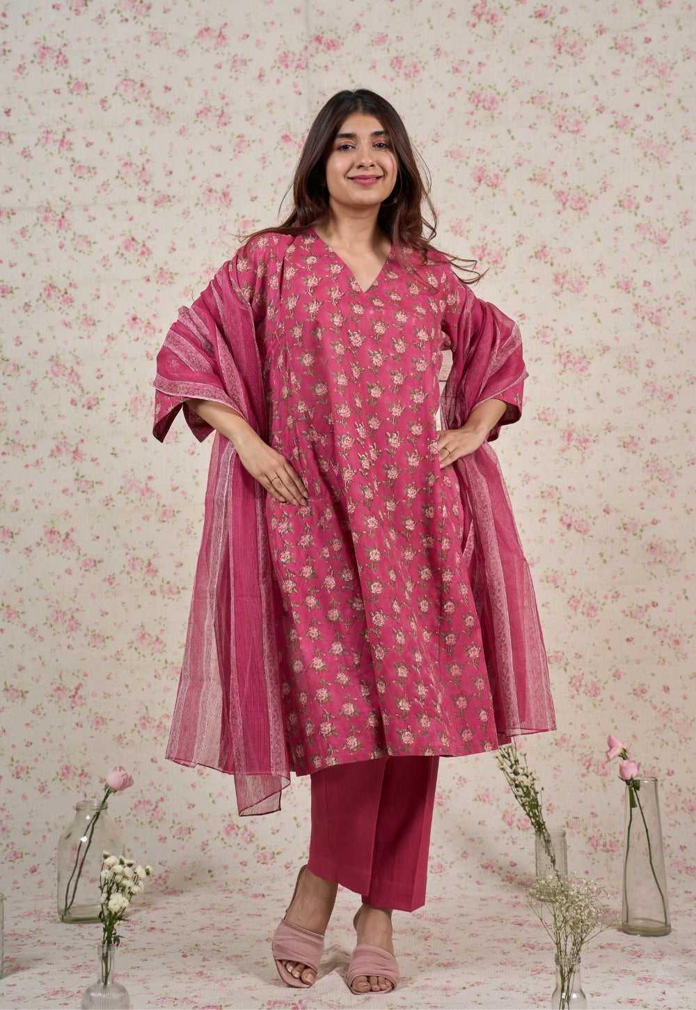 Julia Pink Sanganeri Mul Cotton Jhabbha Kali Kurta