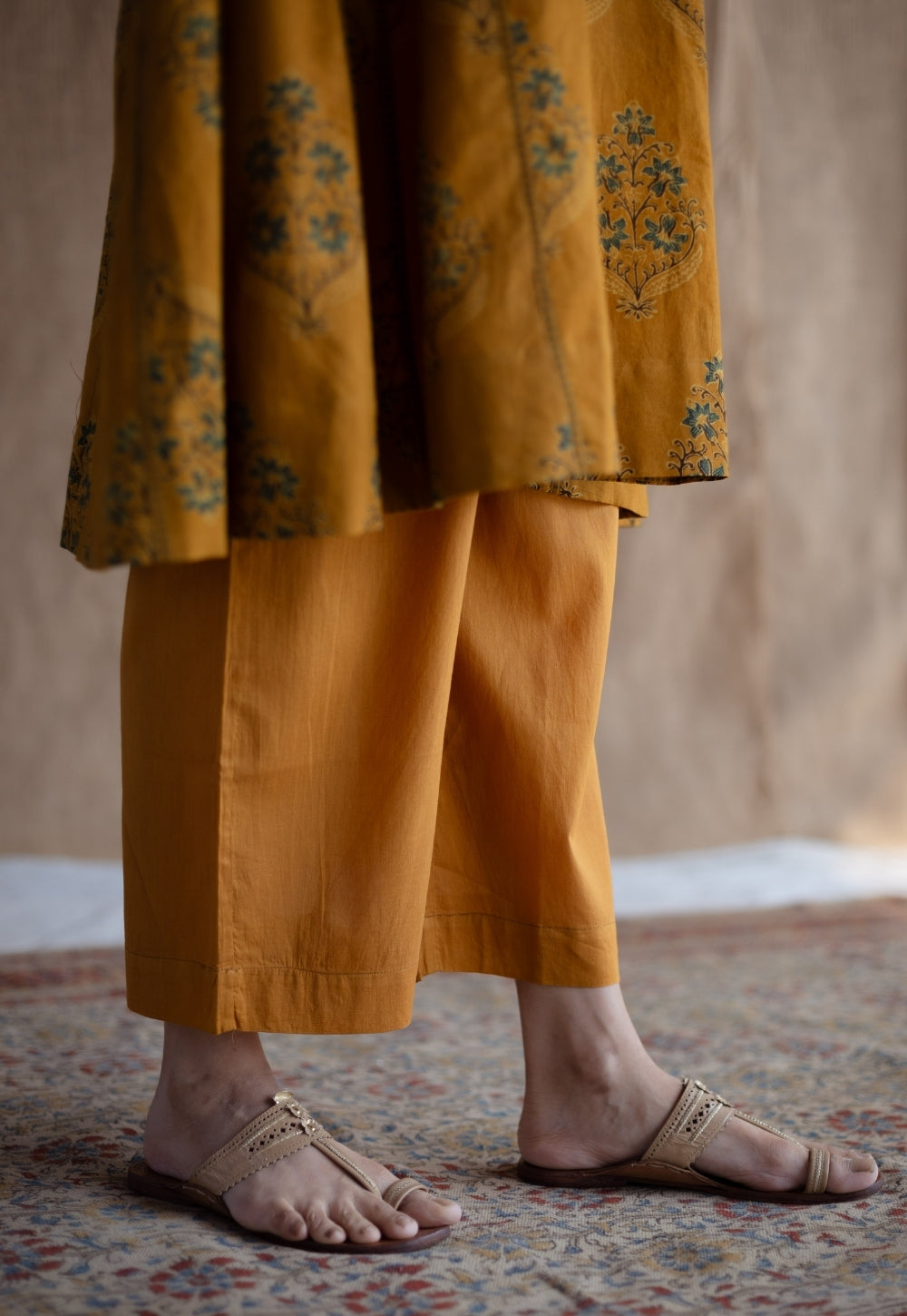 Yashi Mustard Solid Slub Cotton Straight Pant
