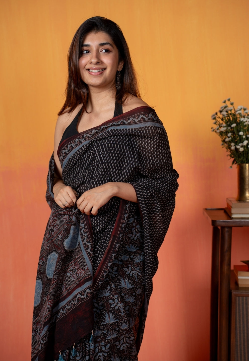Black Mug Butti Ajrakh Hand Block Print Mul Saree
