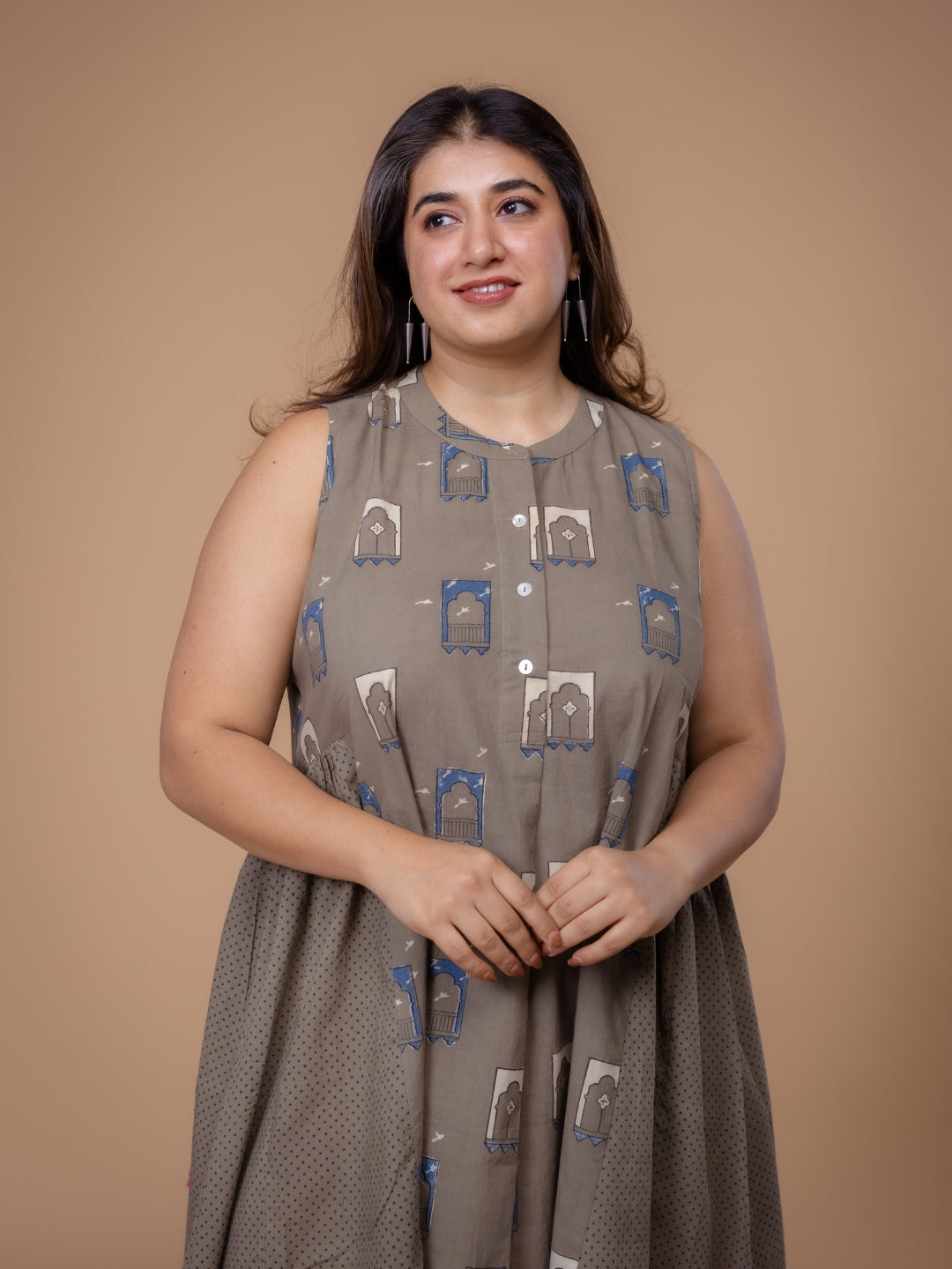 Fariyah Grey Ajrakh Cotton A Line Dress