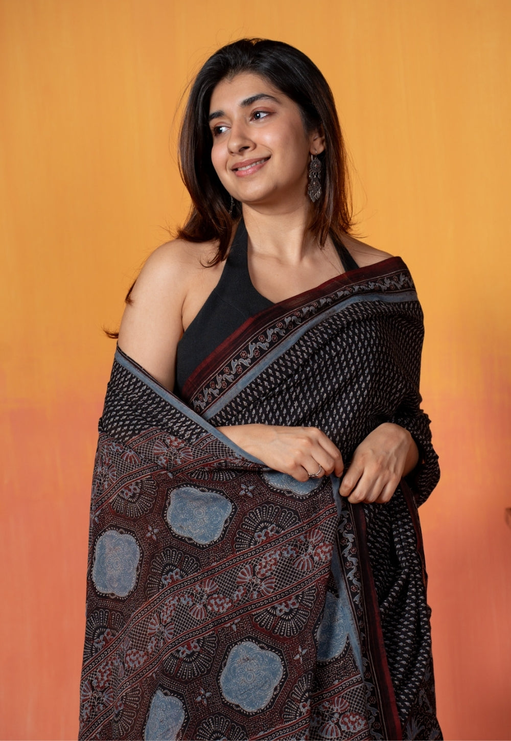 Black Mug Butti Ajrakh Hand Block Print Mul Saree