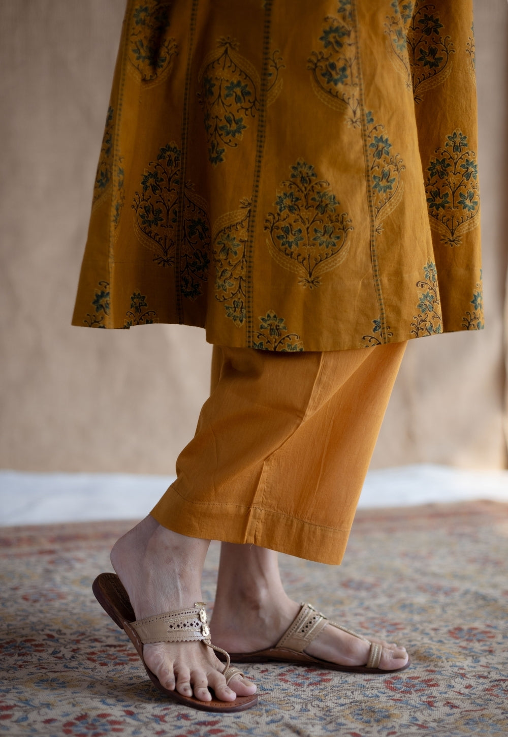 Yashi Mustard Solid Slub Cotton Straight Pant