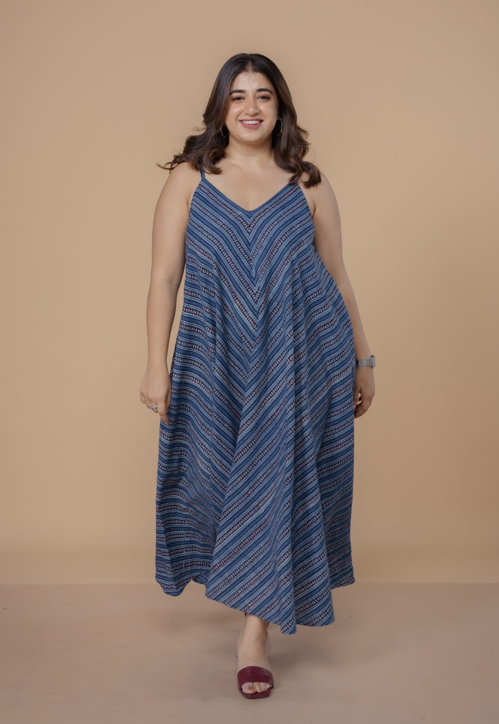 Sonam Blue Dabu Slub Cotton A Line Dress
