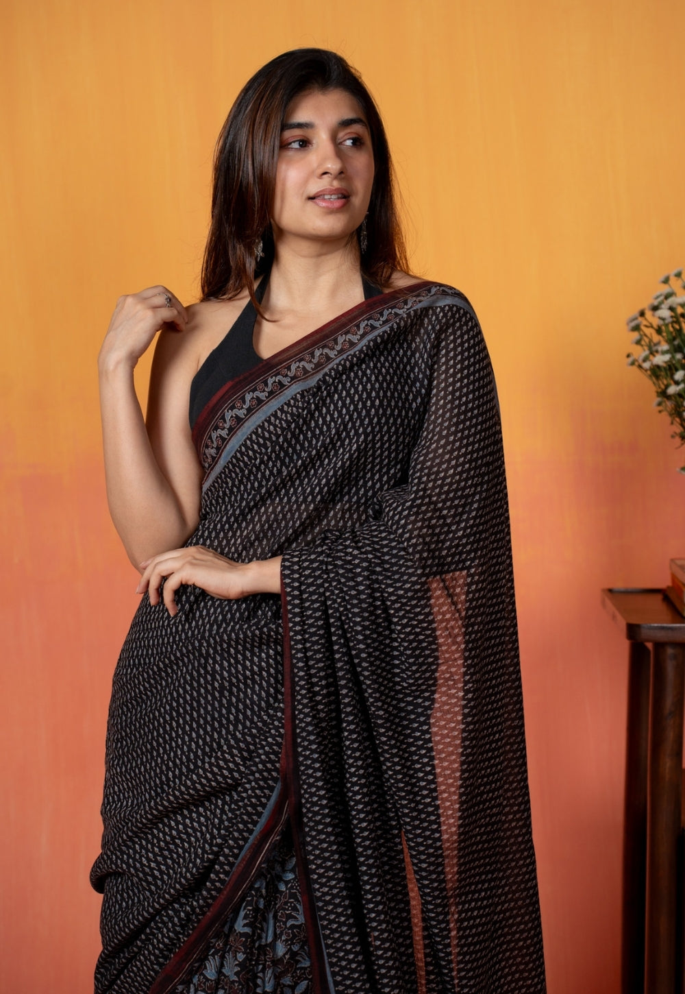 Black Mug Butti Ajrakh Hand Block Print Mul Saree