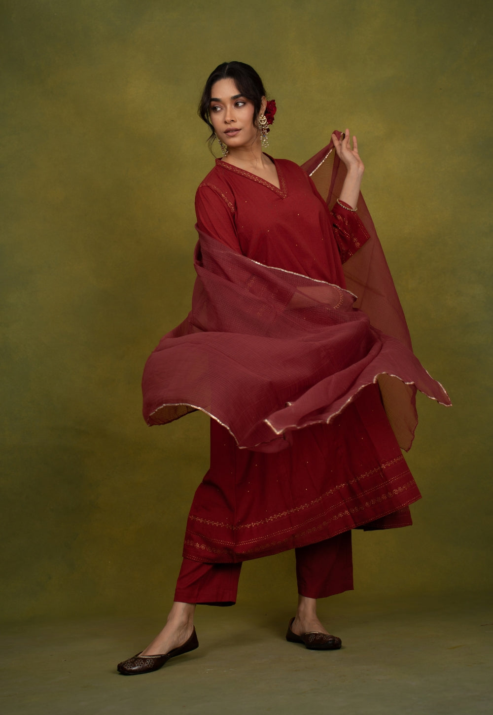 Iqra Red Rogan Handblock Printed Slub Cotton Jhabbha Kali Suit Set (Set of 3)