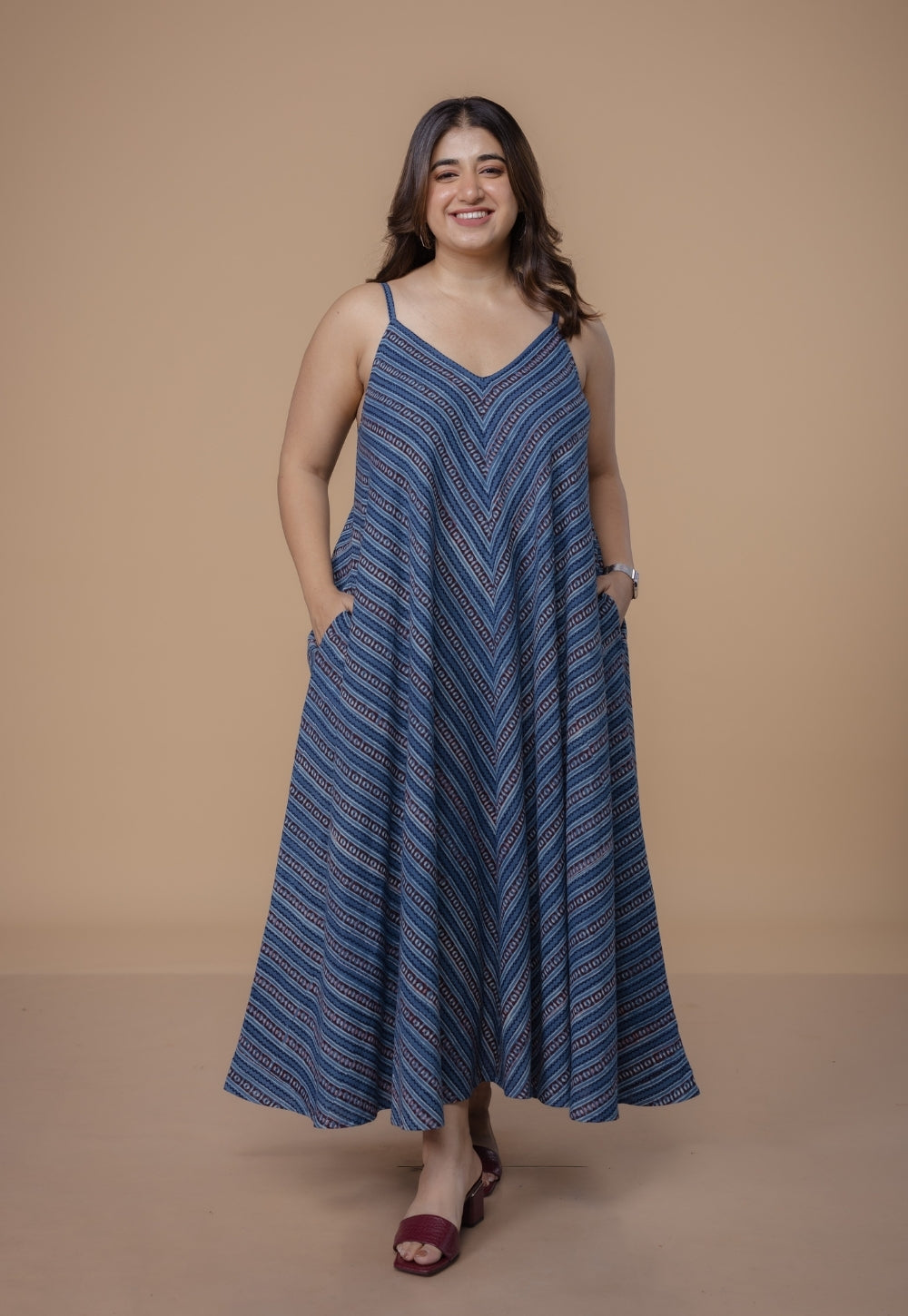 Sonam Blue Dabu Slub Cotton A Line Dress