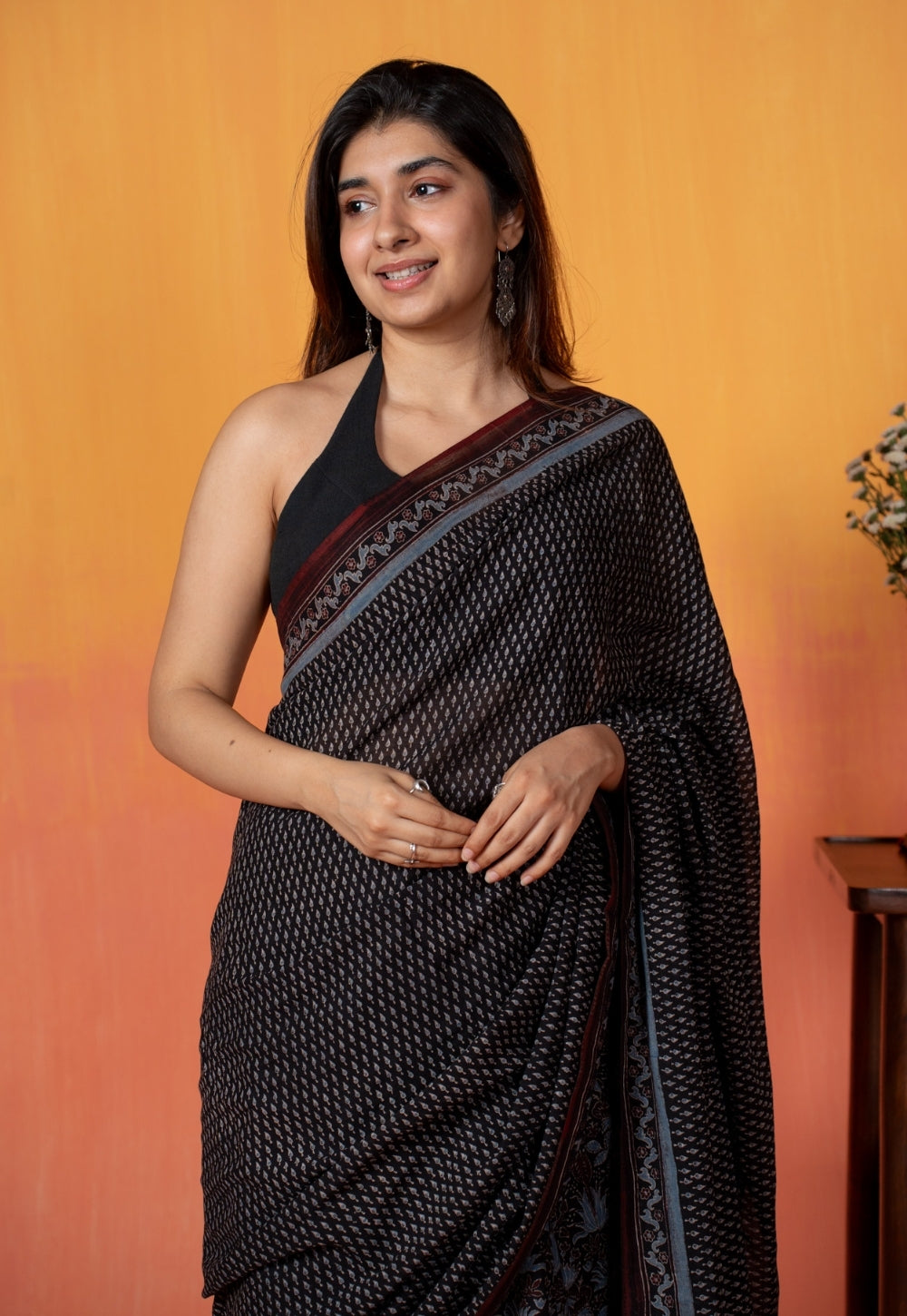 Black Mug Butti Ajrakh Hand Block Print Mul Saree