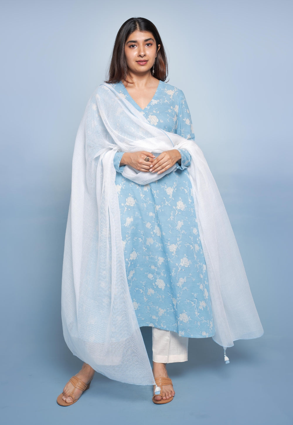 Vina Blue Dabu Mul Cotton Kali Kurta