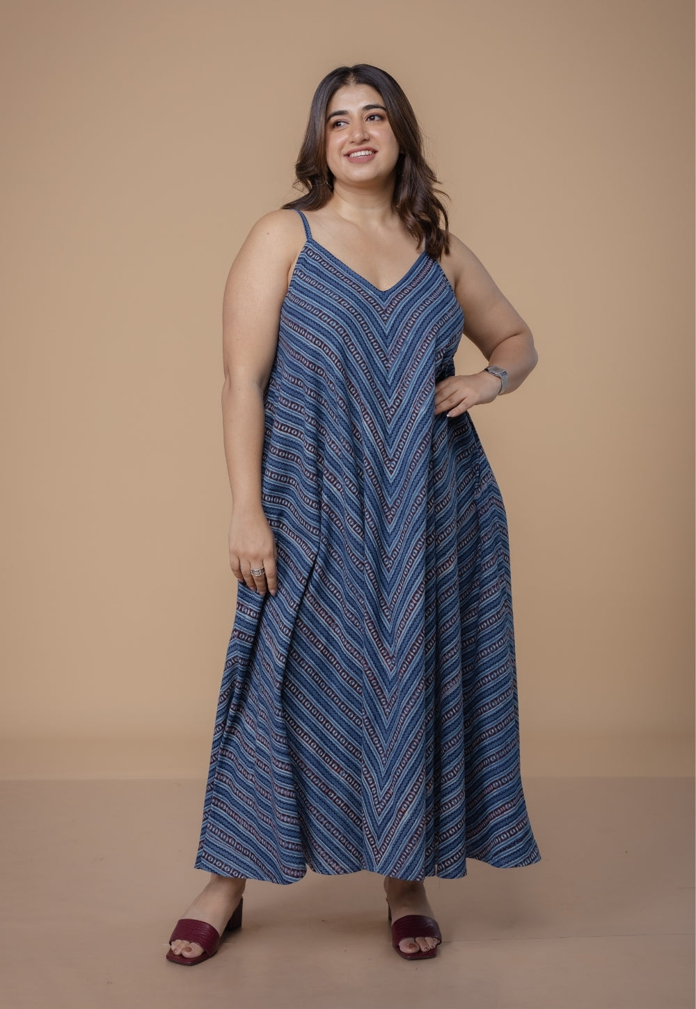 Sonam Blue Dabu Slub Cotton A Line Dress