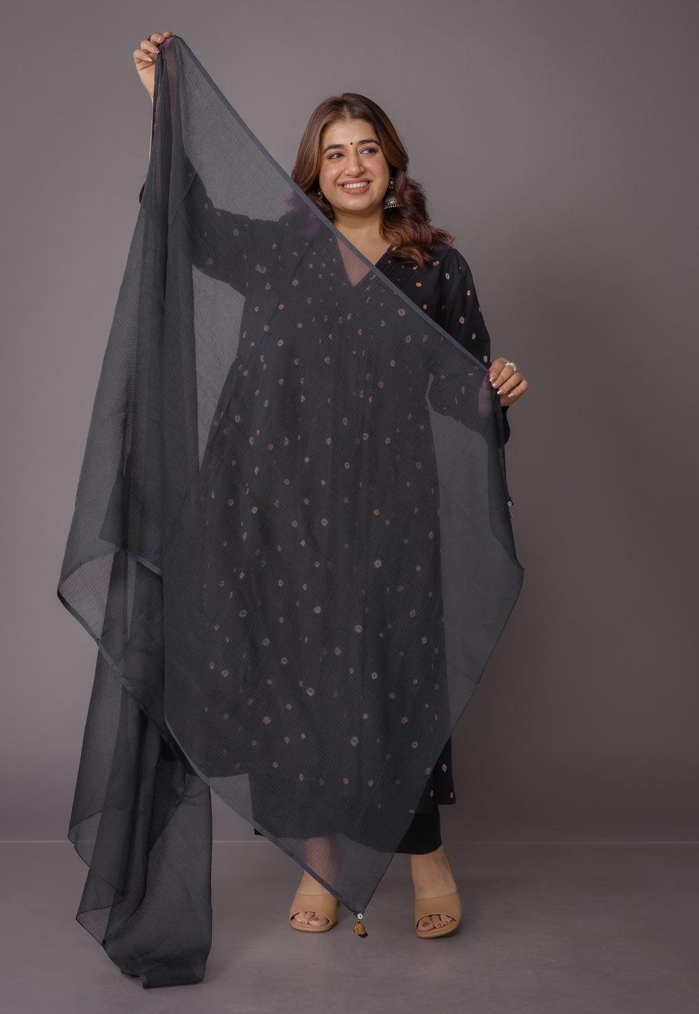 Urvi Black Bandhani Cotton A Line Kurta with Dupatta