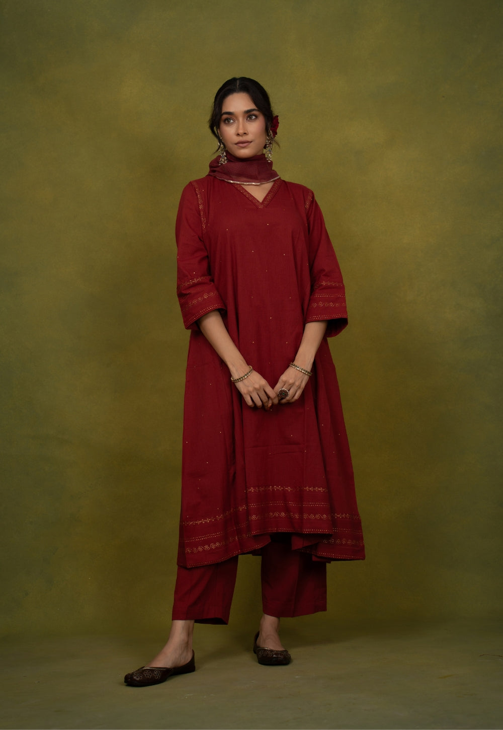 Iqra Red Rogan Handblock Printed Slub Cotton Jhabbha Kali Suit Set (Set of 3)