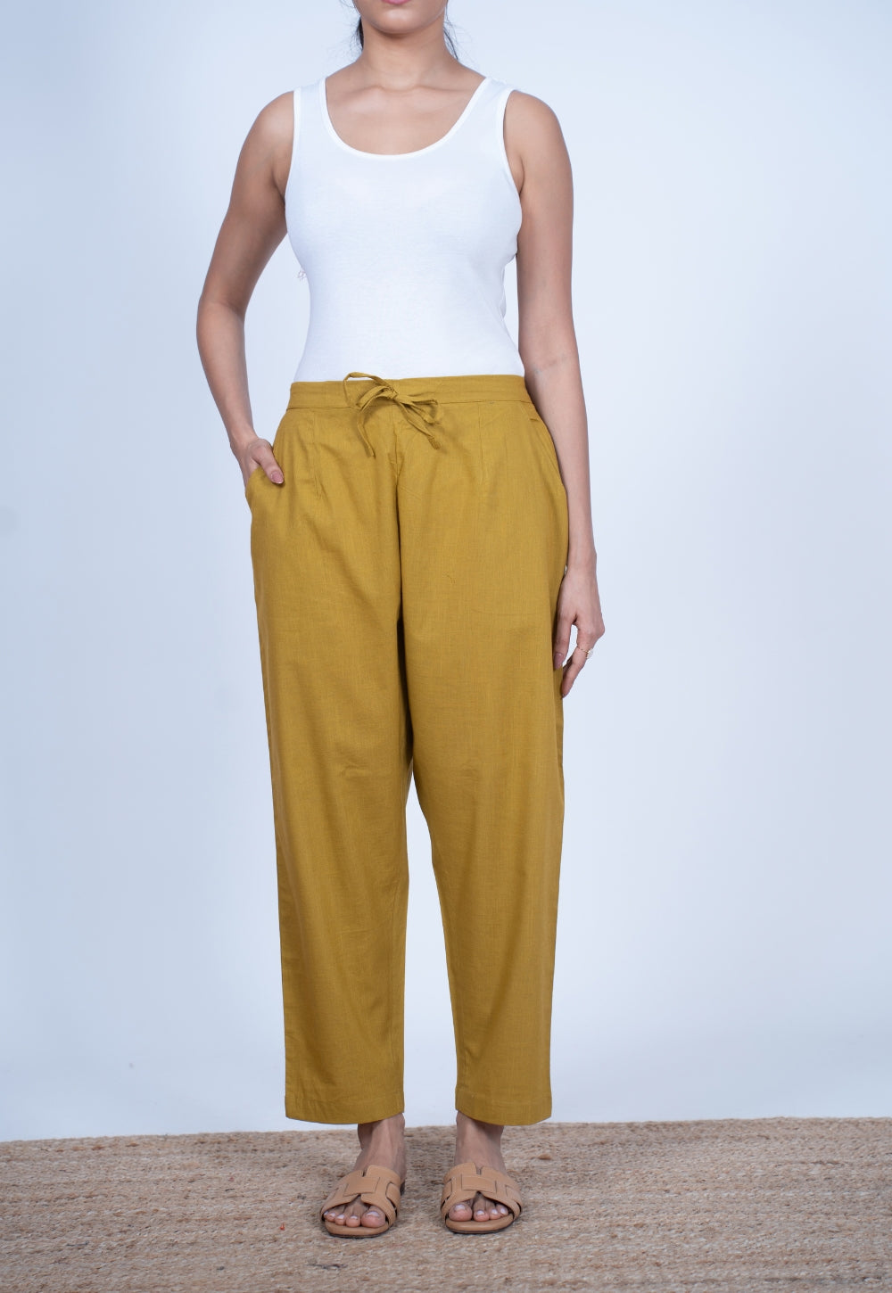 Yashi Yellow Solid Slub Cotton Straight Pant