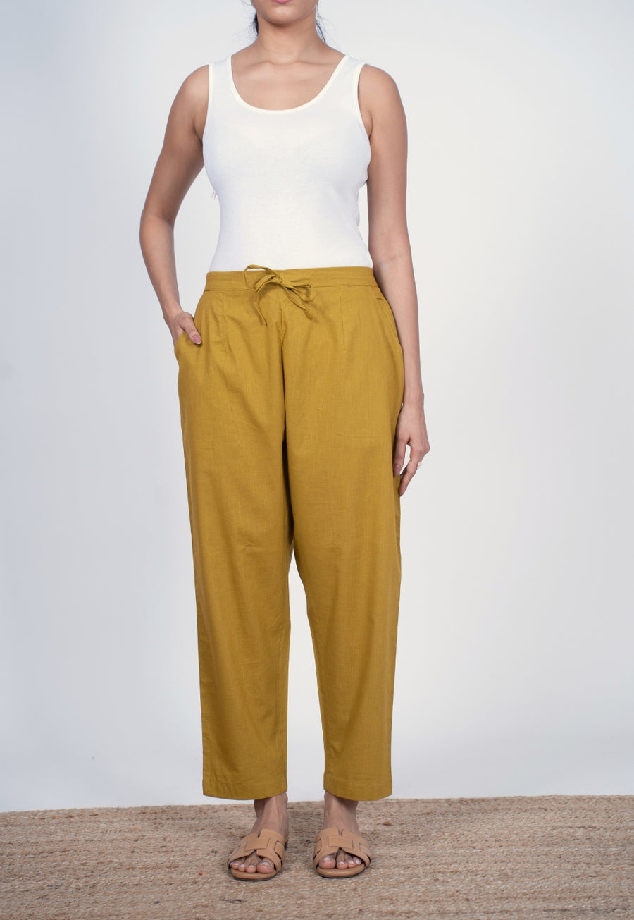 Yashi Yellow Solid Slub Cotton Straight Pant