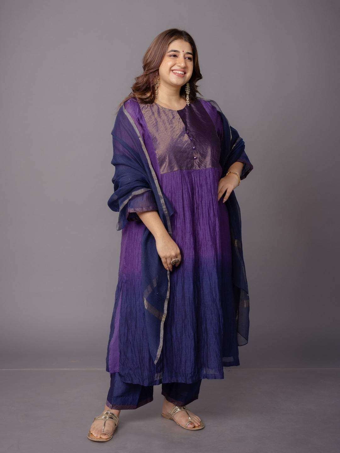 Navy Blue Solid Zari Silk Net Dupatta with Hand Embroidery
