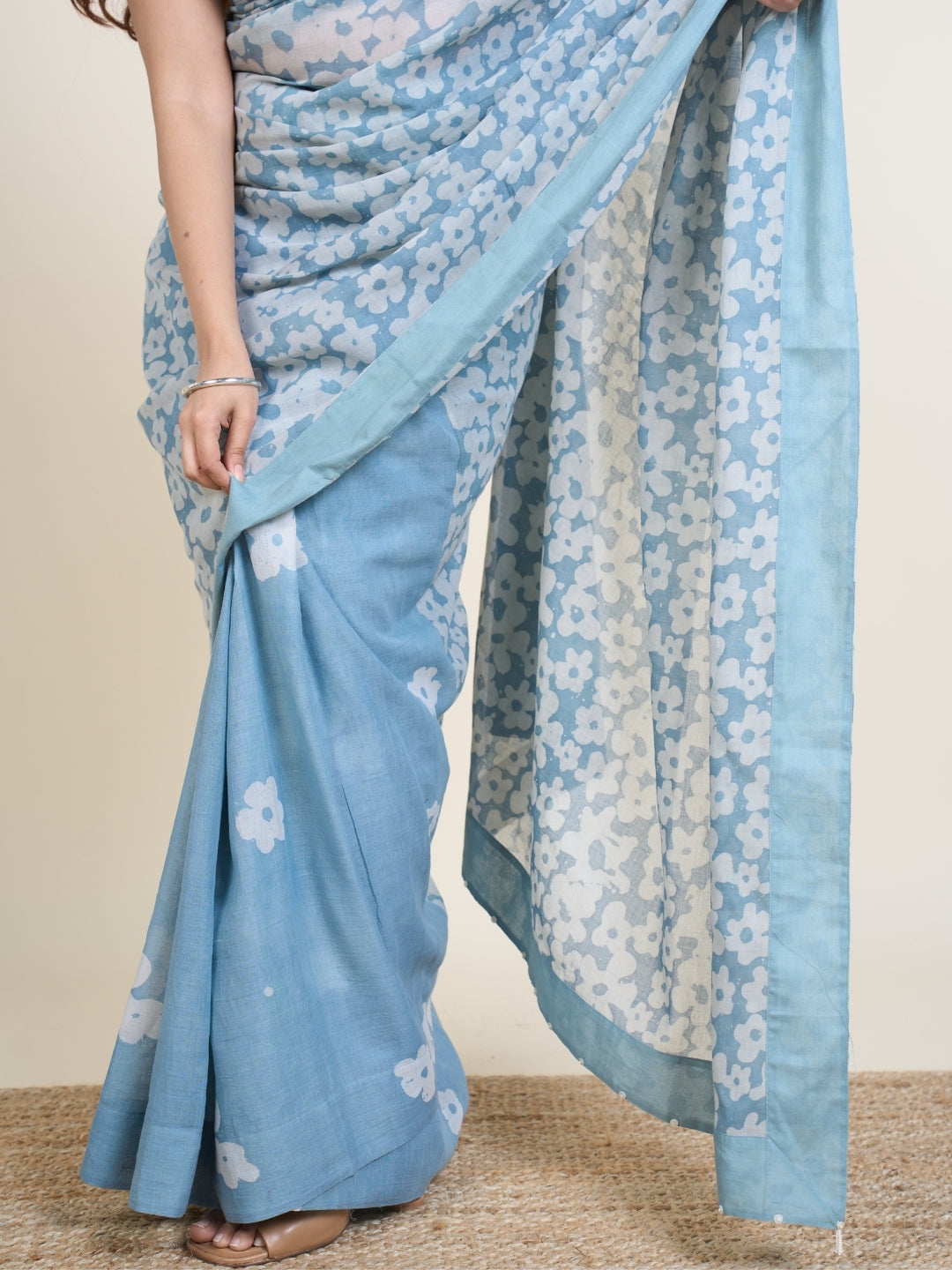 Warisha Blue Batik Hand Block Print Mul Cotton Saree with Embroidery