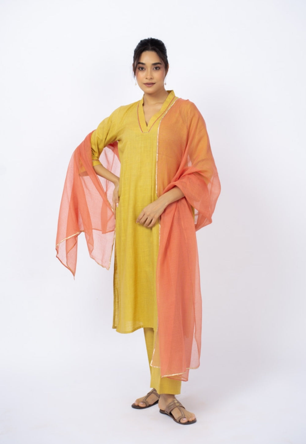 Zeenat Yellow Solid Slub Cotton Straight Kurta Suit Set with Solid Dupatta (Set of 3)