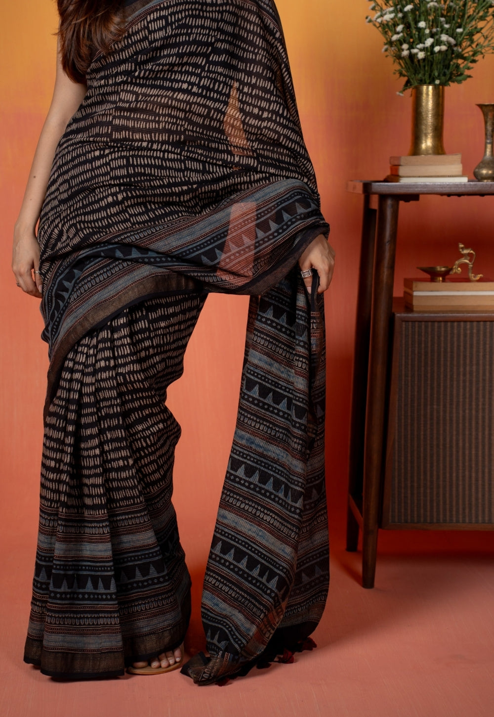 Black Objects Ajrakh Hand Block Print Maheshwari Saree