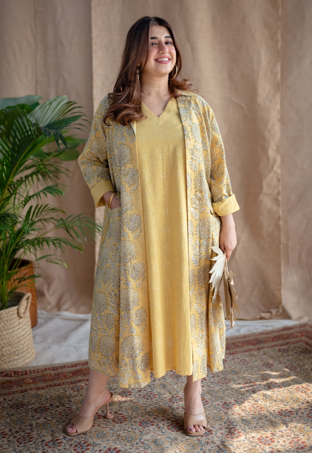 Mariam Yellow A Line Dabu Slub Cotton Dress