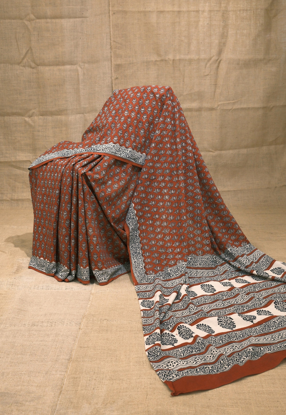 Red Butti Bagru Hand Block Print Cotton Saree