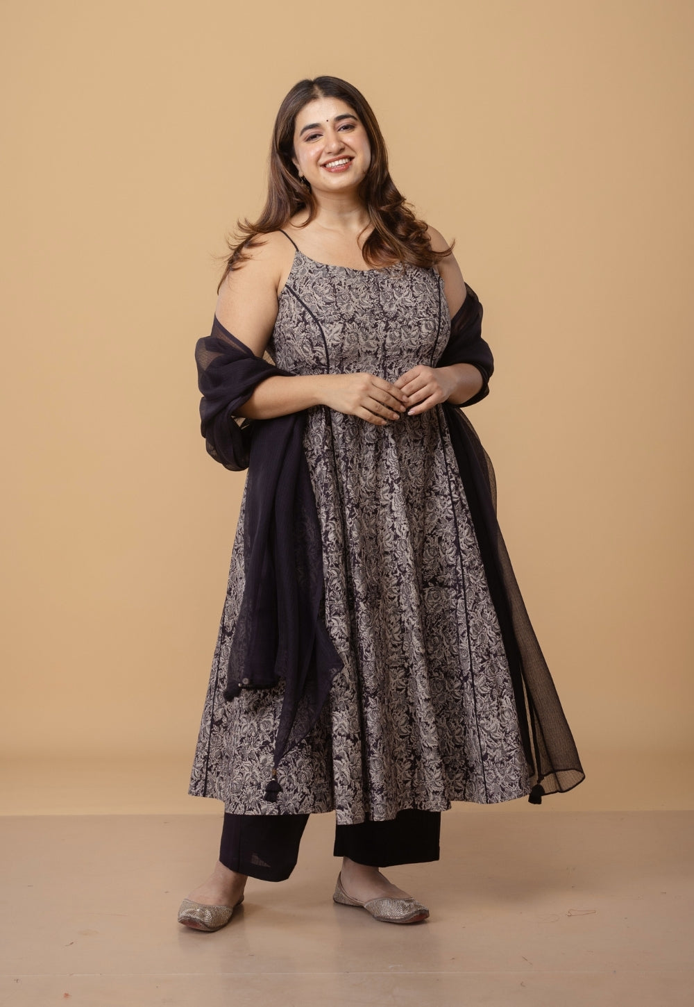 Sanah Black Kalamkari Cotton Kali Kurta